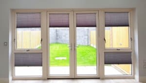 Kitchen pleated blinds partly open, Greenhill