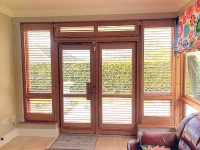 Golden Oak Shutters installed on Patio Doors in Kildare