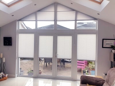 Shaped Blinds Dublin-Gable pleated blinds for apex windows fitted in Swords, Dublin.