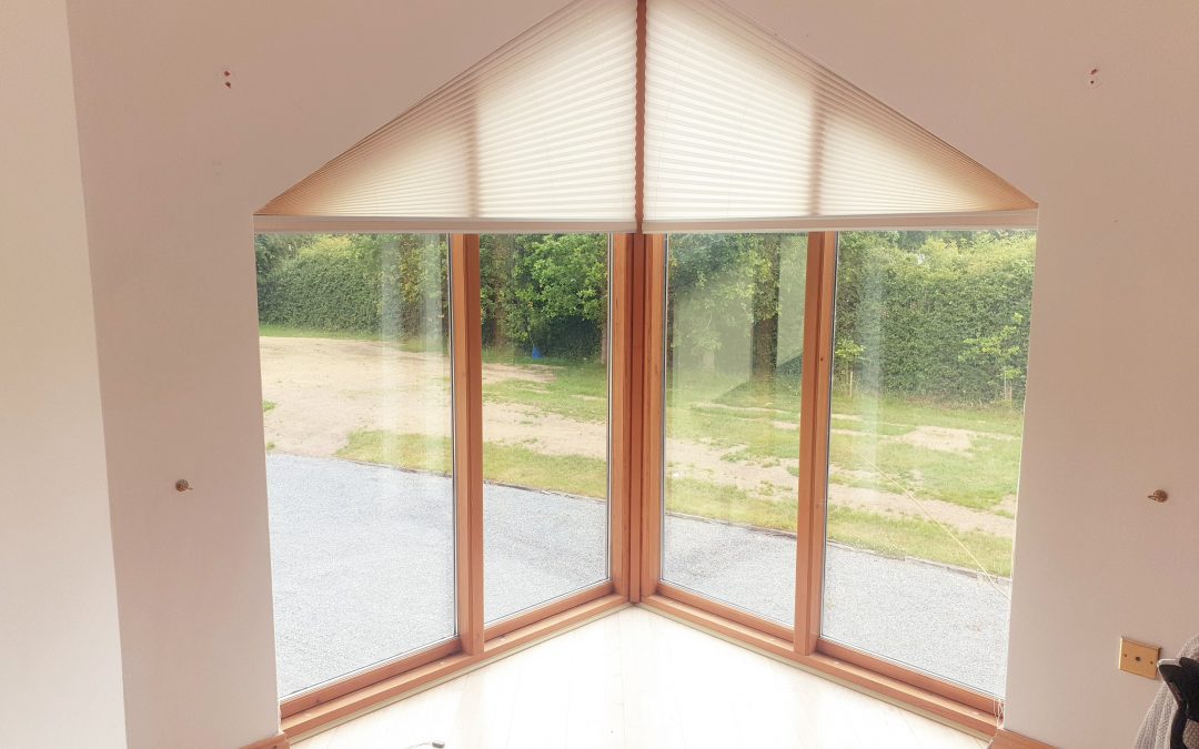Shaped Window Blinds Dublin -Bright Creamy Gable Pleated Blinds installed in June 2021