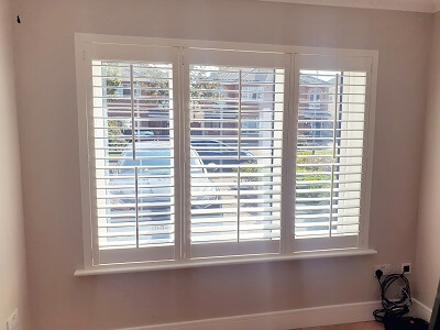 Weston Range Silk White 76mm Louver Shutters in Malahide.