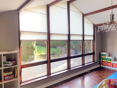 Gable Blinds in Maynooth. Shaped Pleated blinds in Kildare