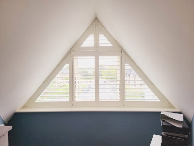 Shaped Shutter in Hersil Wood. Apex shutter blind in Knocklyon, Dublin.