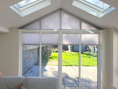 Shaped Pleated Blinds fitted in Stillorgan. Gable Blinds in Dublin