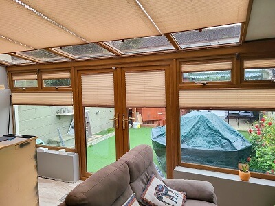 Pleated Roof Blinds in a conservatory in Clondalkin. Roof blinds Dublin 22